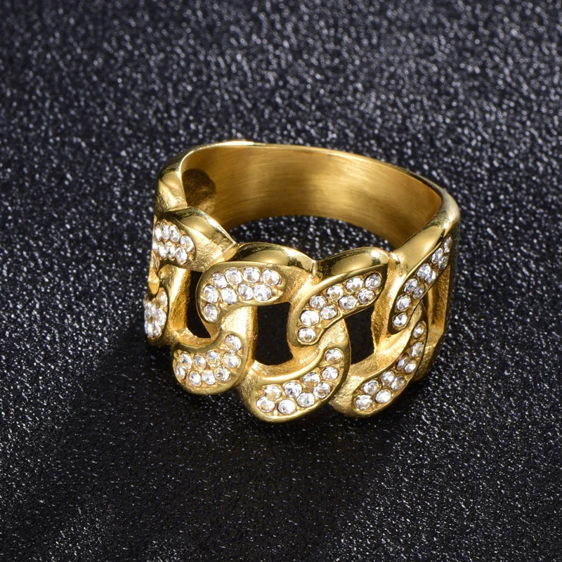 

HIP Hop Stainless Steel Micro Pave Rhinestone Iced Out Bling Cuban Link Chain Ring IP Gold Filled Titanium Rings for Men Jewelry