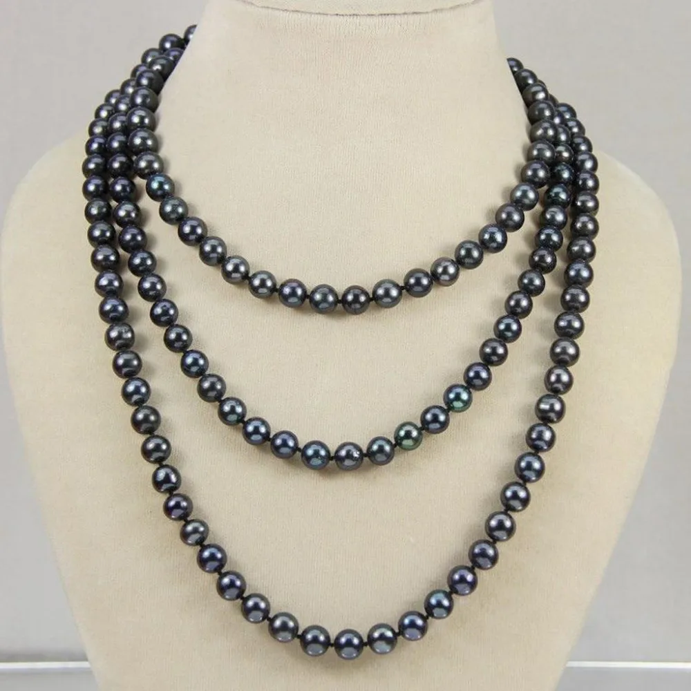 NATURAL 7 8 MM TAHITIAN BLACK PEARL NECKLACE AA Long 50 Inchesin