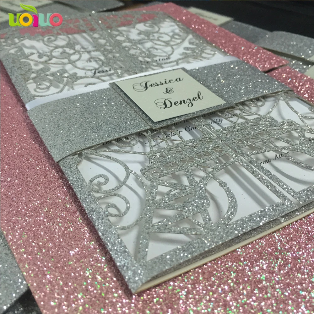 

free DIY 25set glitter silver invitation card with printed tag ,silver band,colorful bow,customzied envelope inside glitter