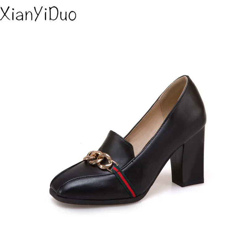 

Xianyiduo 2019 Spring/Aut white red Women's Shoes Square Toe high heels Pumps big plus size 40-50 Metal Decoration Yellow /T713