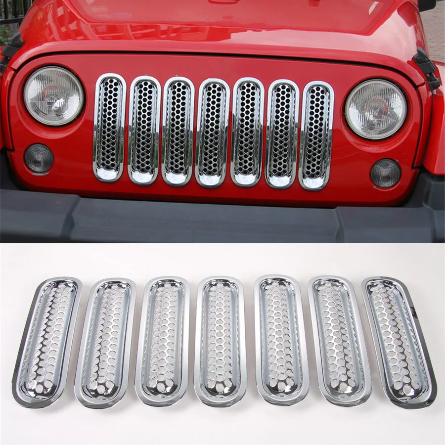 

New For Jeep Wrangler 2007-15 7Pcs/Set Exterior Car Front Grill Mesh Grille Bezel With Buckle Frame Cover Trim Sticker Styling