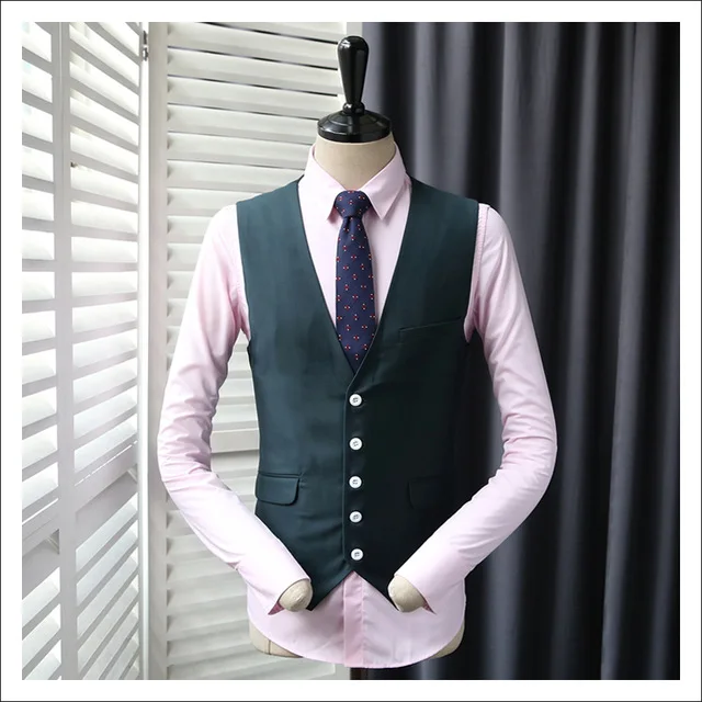 Custom Made Men's Slim Suits Vests Male Dark Green Wedding Dress Blazer