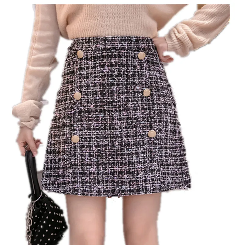 

2019 Autumn Fashion Women A-Line Tweed Skirt Gold Buttons Winter Mini Skirts Spring High Waist Elegant Vintage Black Skirt
