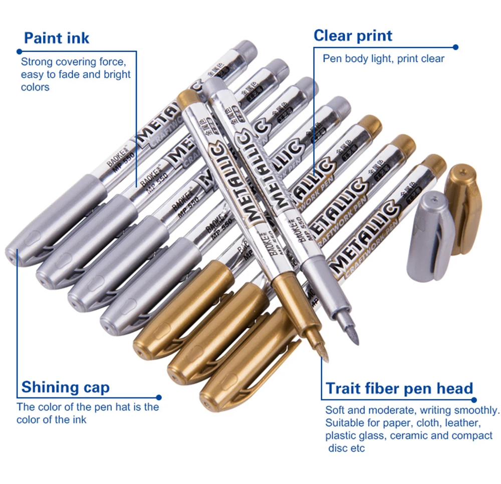 Baoke металлические перманентные Маркеры серебристые золотые металлические ручки для рукоделия цветная краска для карт кожа камень окна рисунок