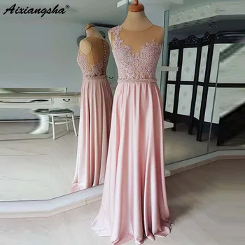 

See Through Pink Prom Dresses Lace Applique Beaded Maxi Formal Prom Dresses Vestidos De Fiesta