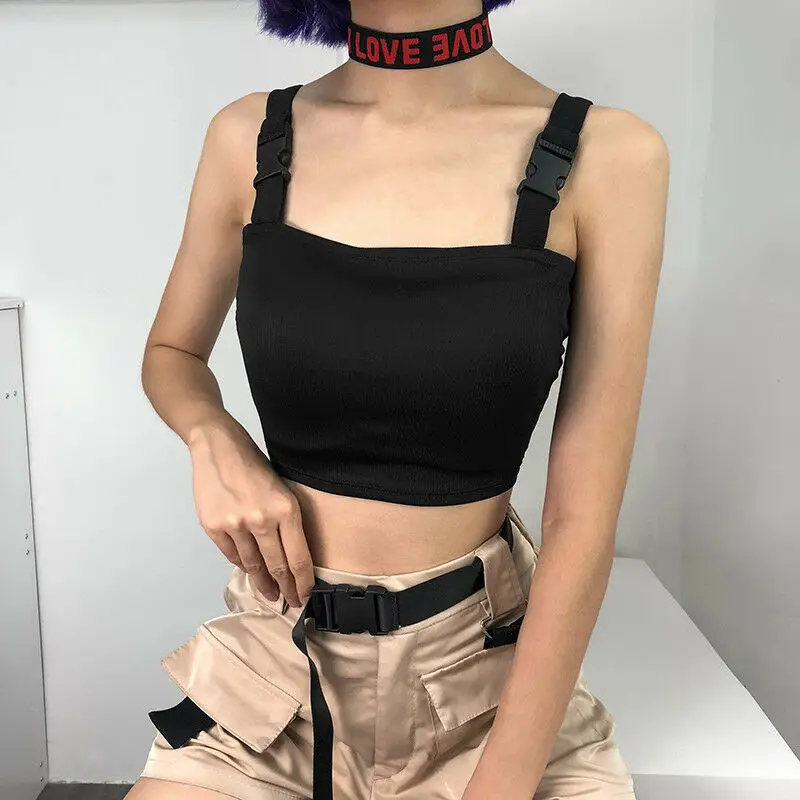 

NEW Women's Sexy Ladies Fashion Summer Casual Crop Tops Short Camis Skinny Unique Belt Sleeveless Party Clubwear Camis Tops