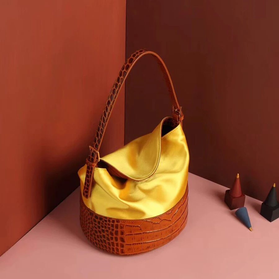 

Vintage Crocodile Pattern Women's Handbags Fashion Stitching Contrast Shoulder Bags Retro Alligator Pattern Pu Bucket Bag Purses