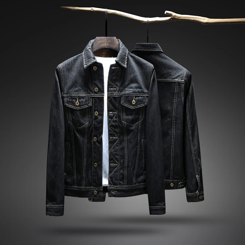 Весенняя и Осенняя Новая корейская модная джинсовая куртка Youthhful пальто высокого качества Мужская простая черная куртка большой размер XXXL