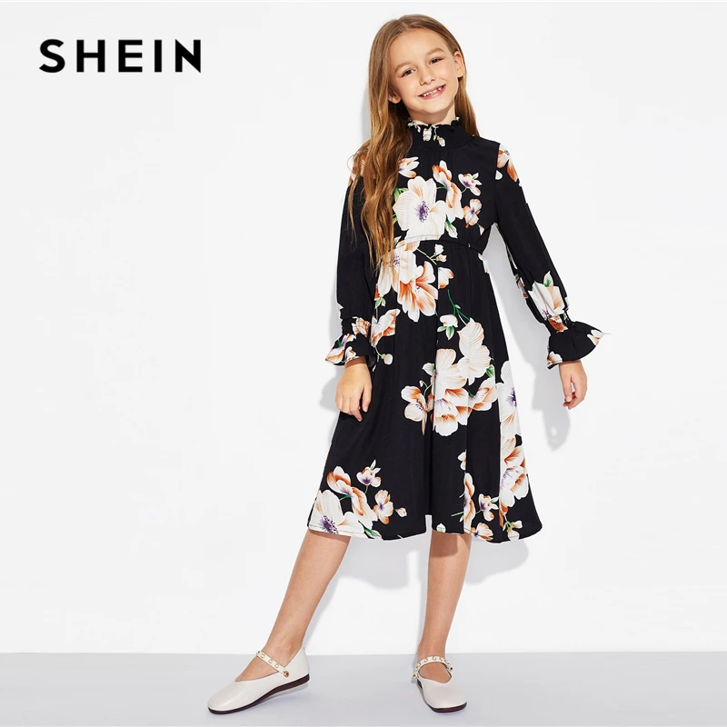 Kopen SHEIN Meisjes Bloemenprint Stand Kraag Elegante Jurk Kinderen Kleding 2019 Lente Koreaanse Lange Mouwen EEN Lijn Casual Jurken