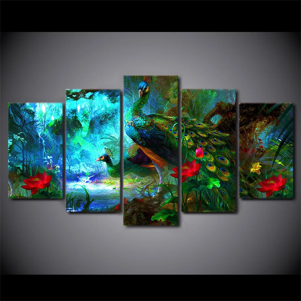 Canvas Wall Art Pictures Frame Home Decor Living Room 5 Pieces Beautiful Blue Peacock Painting HD Printed Animal Poster 