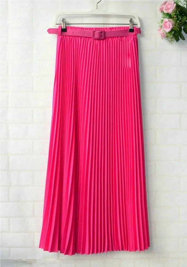Womens Skirt Belt High Waist Solid Color Retro Maxi Chiffon Pleated Elegant Long Skirt Summer Skirt Womens New 13 Styles