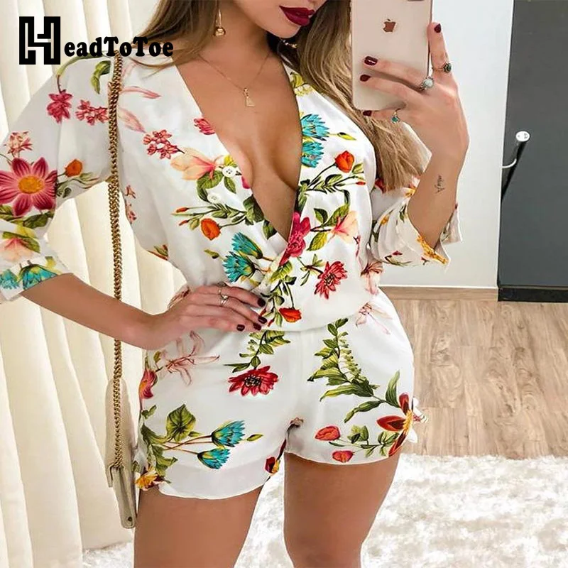 

Floral Print V-Neck Wrap Casual Romper Women Sexy One Piece Playsuits