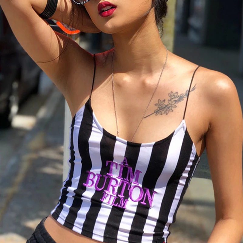 

Harajuku Striped Embroidery Letter Camis Women Fashion Slim Summer Tank Tops Female Punk Sleeveless Sexy Top Cute Tops For Lady