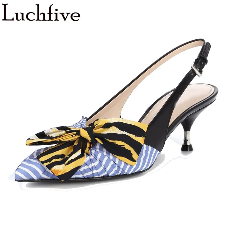 

Runway design butterfly knot Women Pumps slingback pointed Toe kitten Heels sandals big bowtie stripe Wedding dress Shoes women