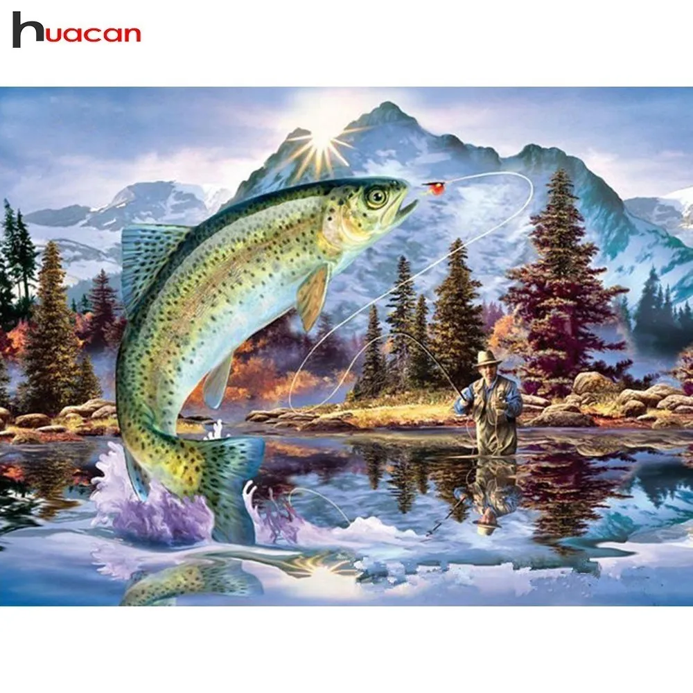 

HUACAN Full Square/Round Drill Mosaic Painting Animals Diamond Embroidery DIY Diamond Painting Cross Stitch Fishing Decoration