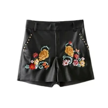 Nueva Moda Otoño Negro Pantalones Cortos De Cuero Sexy Bordado Floral Bolsillos Pantalones Cortos de Cintura Alta de Las Mujeres Pantalones Cortos Mujer BI00137