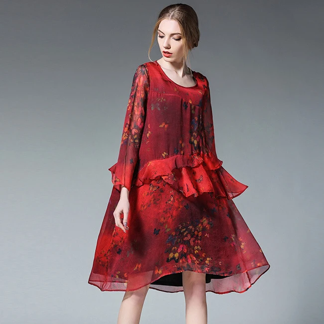 

Summer Fashion Butterfly Print Chiffon Dresses for Women Long Sleeve Loose A-line Dress XL XXL 3XL 4XL Plus Size Women Dress Red