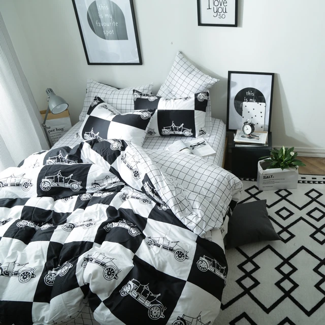 Modern Black And White Duvet Cover Set Cars Printed Bedding 100 Modern Black And White Duvet Cover Set Cars Printed Bedding 100 Cotton Plaid Bed Sheet