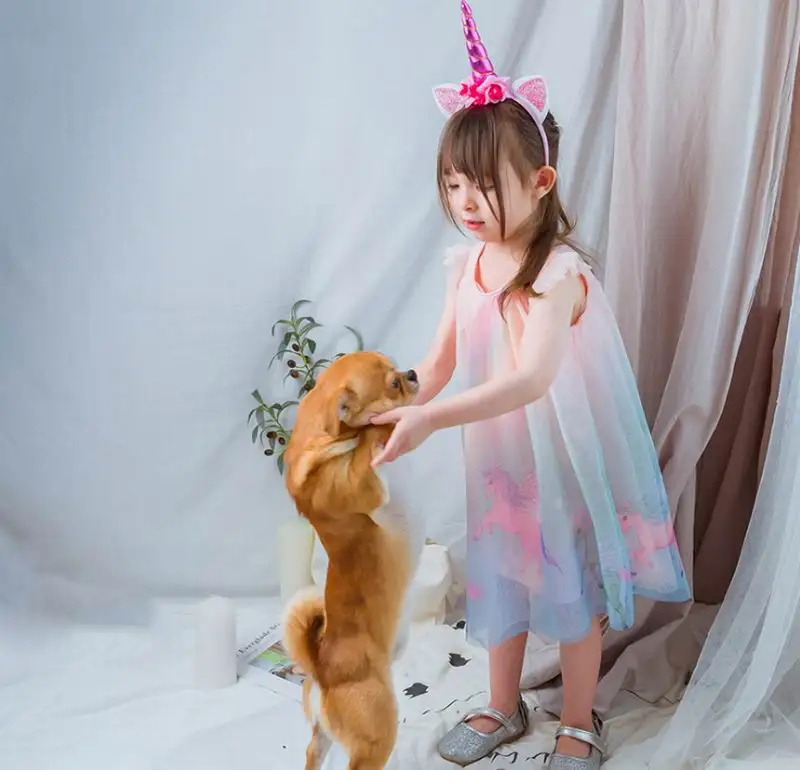 

2019 Summer Princess Dress for Girls Unicorn Rainbow Beach Holiday Dress Children Clothing 2-6T E9162