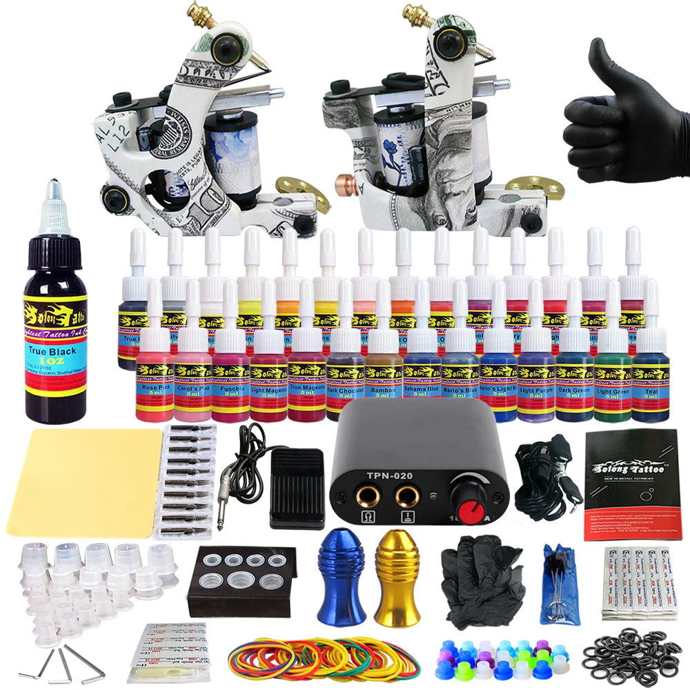 

Solong Tattoo complete professional 2 tattoo Machine Guns set Tattoo Kit 28 Inks Needle Grips power supply TK204-17