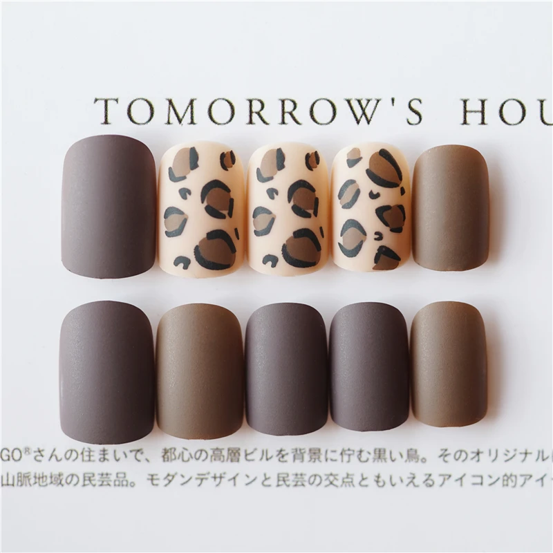Japanese Matte Milk Tea Hit Pure Color With Leopard Pattern Fake Nails Cute Decorated Lady Full Nail Tips Bride False Nails False Nails Aliexpress