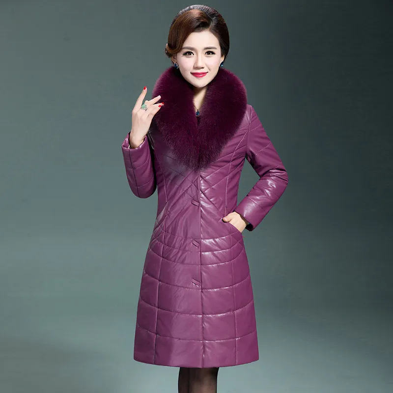 Женская верхняя одежда из овчины, длинные пальто, новинка, большие размеры, парки с имитацией лисьего меха, теплый тонкий зимний женский кожаный пуховик F6 - Цвет: purple