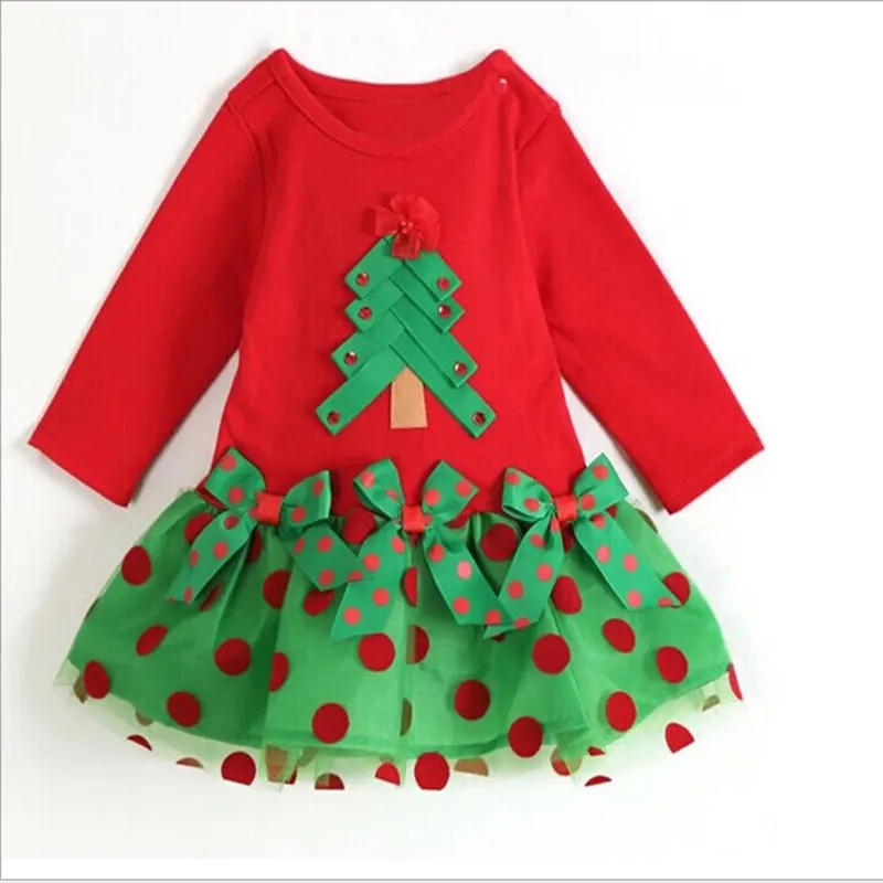 

Retail 2016 Latest red & green dot Christmas tree cotton girl kids baby dress D36