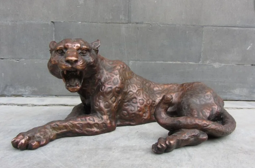

Chinese Red Copper Bronze carved Wild beast Cheetah Leopard art sculpture Statue