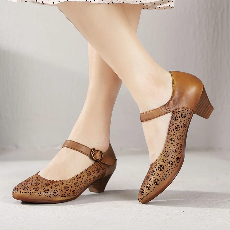 

2019 VALLU Spring New Women High Heels Shoes Pointed Toes Ankle Strap Cut Out Handmade Vintage Genuine Leather Lady Pumps