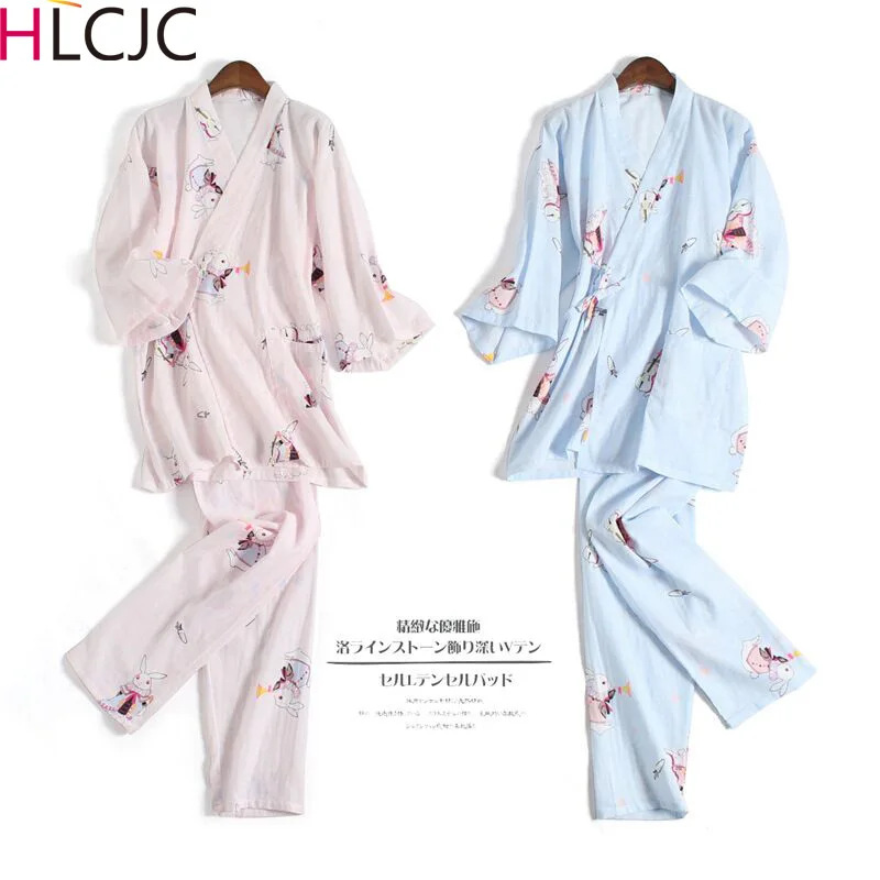 Весенне-летнее женское хлопковое кроличье кимоно, пижамный комплект, двойной газ, рукав три четверти, брюки, милые японские домашние услуги