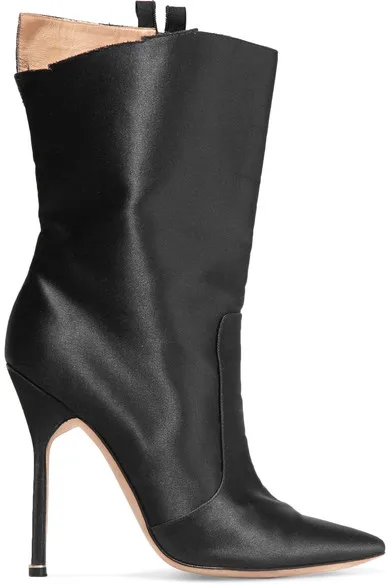 

Black Silks Shoes Woman Autumn Women's Boots Leather Runway Big Size Thin High Heel Pointed Side Zipper Satin Sexy Short Boots