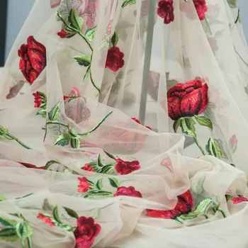 

Romantic Embroidery Transparent Mesh Fabric, Rose Flowers, Skin Color, Sewing, Fashion Dress Fabric, Wedding, Craft By The Yard