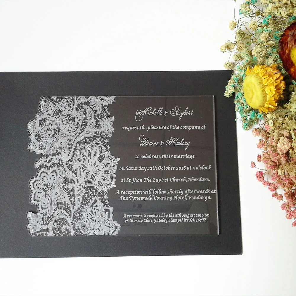  Customized 180*120mm laser engraved lace pattern clear acrylic wedding invitation card (1lot=100pcs - 32765591710
