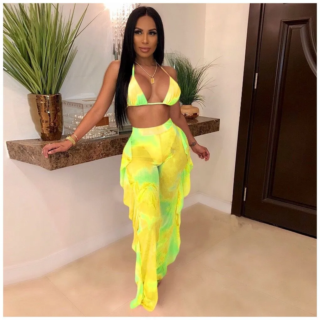 

2019 Summer Beach Sheer Lace Two-Piece Sets See Through Crop Tops Long Pants Women Sexy Print Mesh Suits