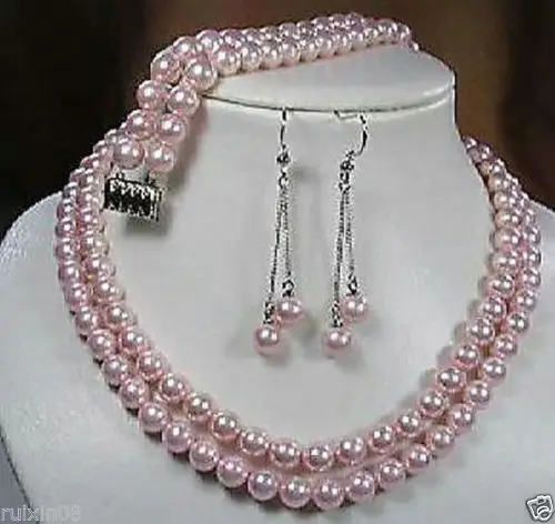 

FREE SHIPPING8mm Pink pearl shell necklace bracelet earring set AAA