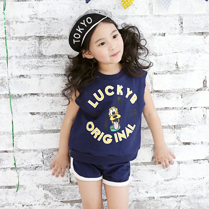 

Girls Clothing Sets 2018 New Summer O-Neck Sleeveless T-Shirt+Pants 2 Pcs Kids Clothing Sets Pluto Children Clothing 2-8Y