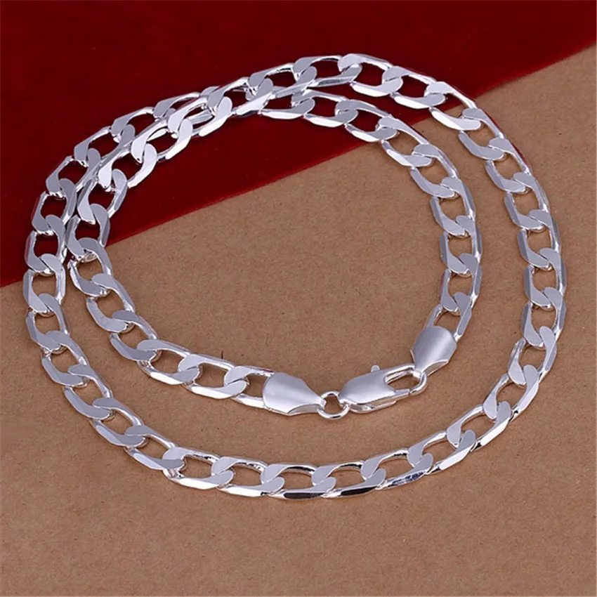 

16-24inches wholesale 8MM flat Men women silver color luxury wedding silver Necklace Fashion solid hot gifts Jewelry JSHN034