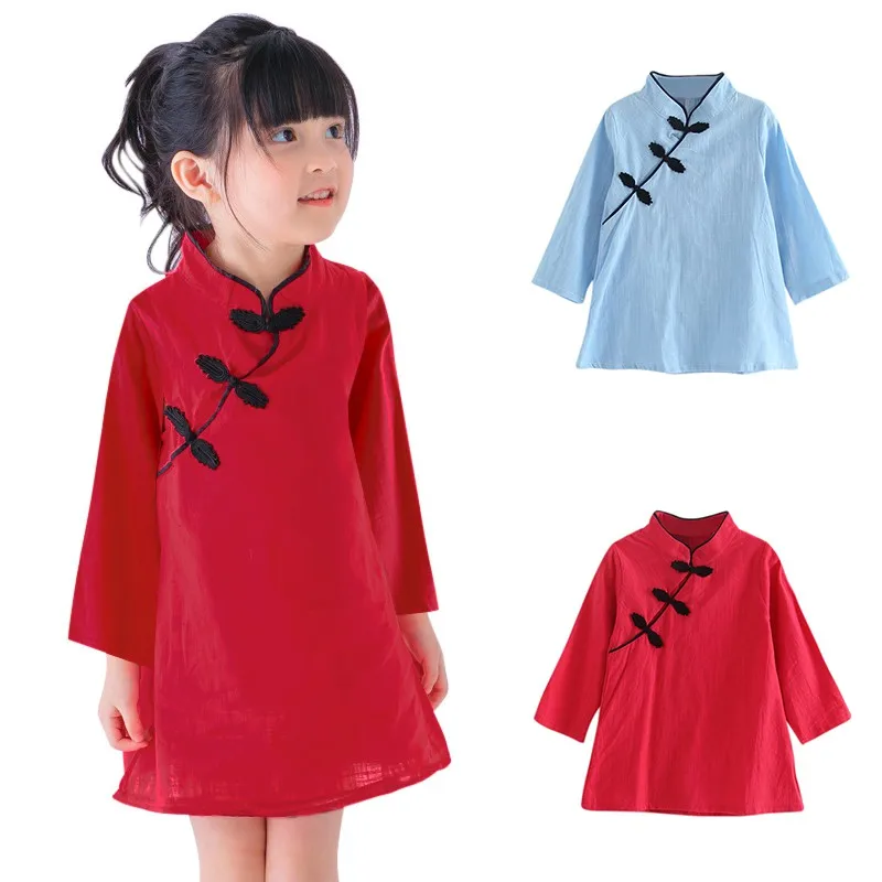 Платье в китайском стиле для новорожденных девочек; весенне-летнее китайское платье Ципао с длинными рукавами; платье принцессы для девочек на карнавал и день рождения