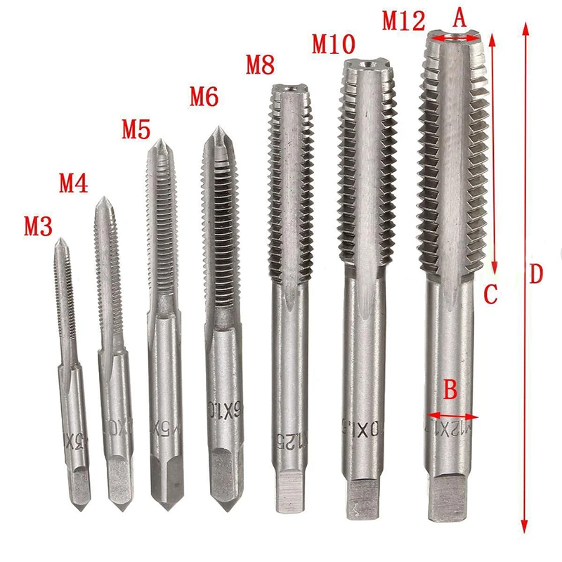 7pcs HSS Right Hand Metric Thread Tapper Tap Set Tool 0.5mm-1.75mm Pitch M3 M4 M5 M6 M8 M10 M12