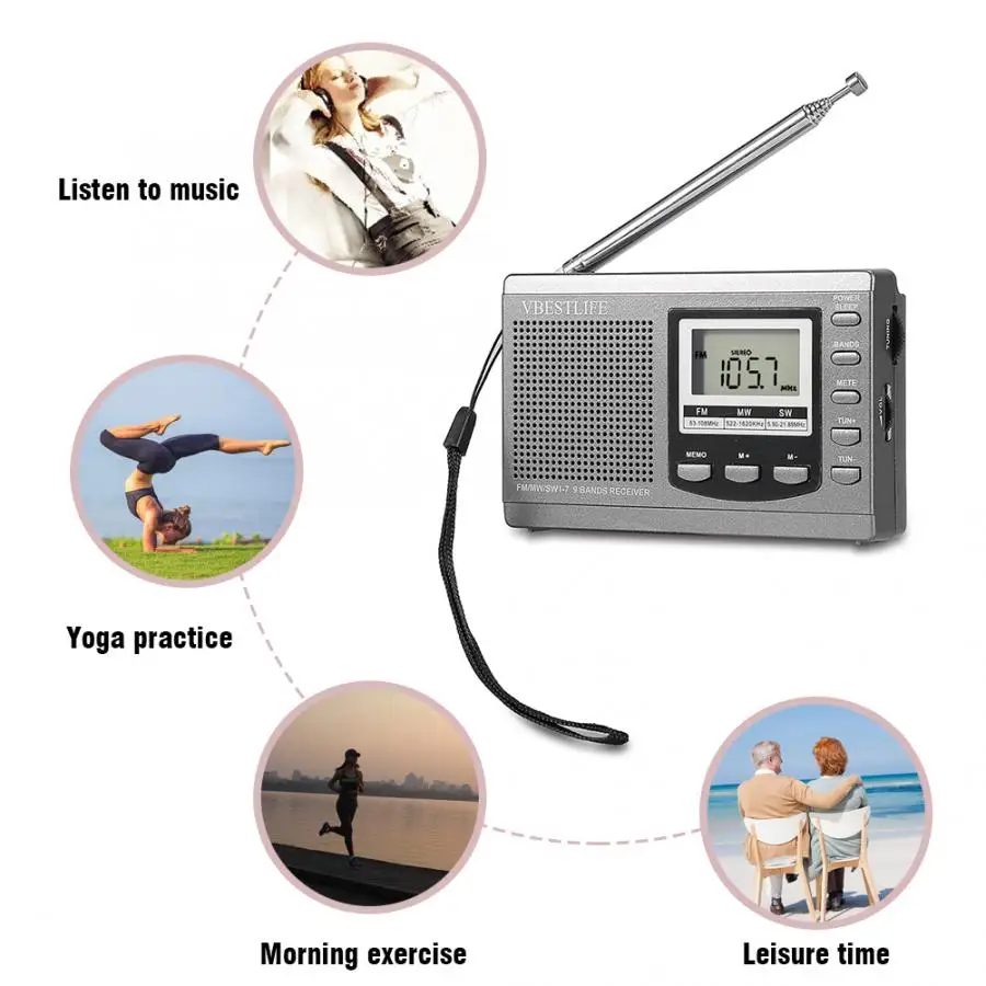 

VBESTLIFE Portable Mini Radios FM/MW/SW Receiver w/ Digital Alarm Clock FM/AM Radio Receiver