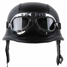 WWII German Style Vintage Motorcycle Helmet with Goggles Black Leather Sponge Half Helmet+Goggles for Harley Biker Pilot