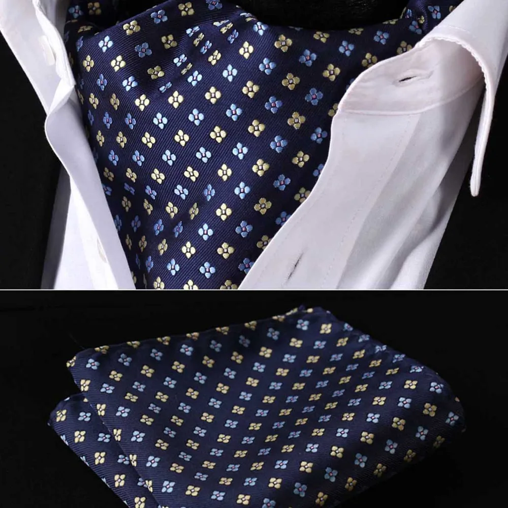 

RF103V Navy Blue Yellow Floral 100%Silk Cravat Ties Casual Jacquard Woven Ascot