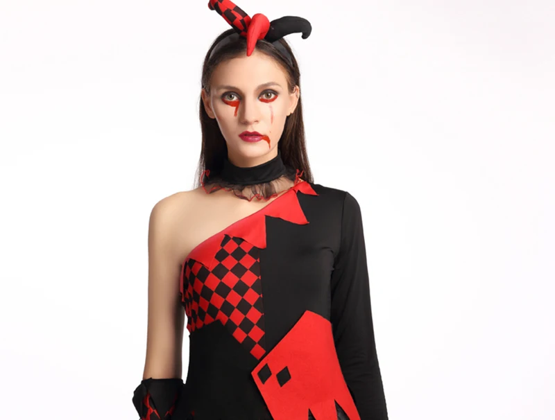 Для женщин Хэллоуин костюм малефисенты платье наряд Джокера пугающий дьяволенок с цифрами и рожками на капюшоне; одежда дляпартии ролевая игра комбинезон костюм