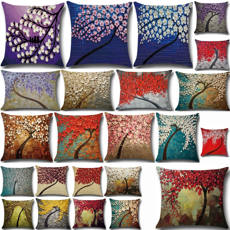 Cotton baby pillowcase 3D oil painting trees pillow case flowers cotton cushion cushion pillowcase car waist cover PP29