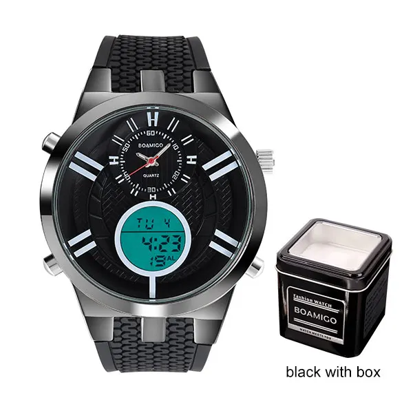 Мужские спортивные часы, двойной дисплей, цифровые часы, военные кварцевые часы, белая резина, подарок, наручные часы, BOAMIGO,, reloj hombre - Цвет: black with box
