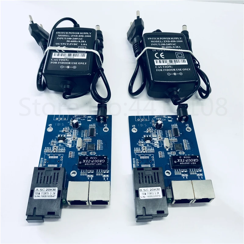 

1Pair 2*RJ45&1*SC 100M Fast Ethernet Switch Converter 20KM Ethernet Fiber Optical Media Converter Single Mode PCBA Board&adapter