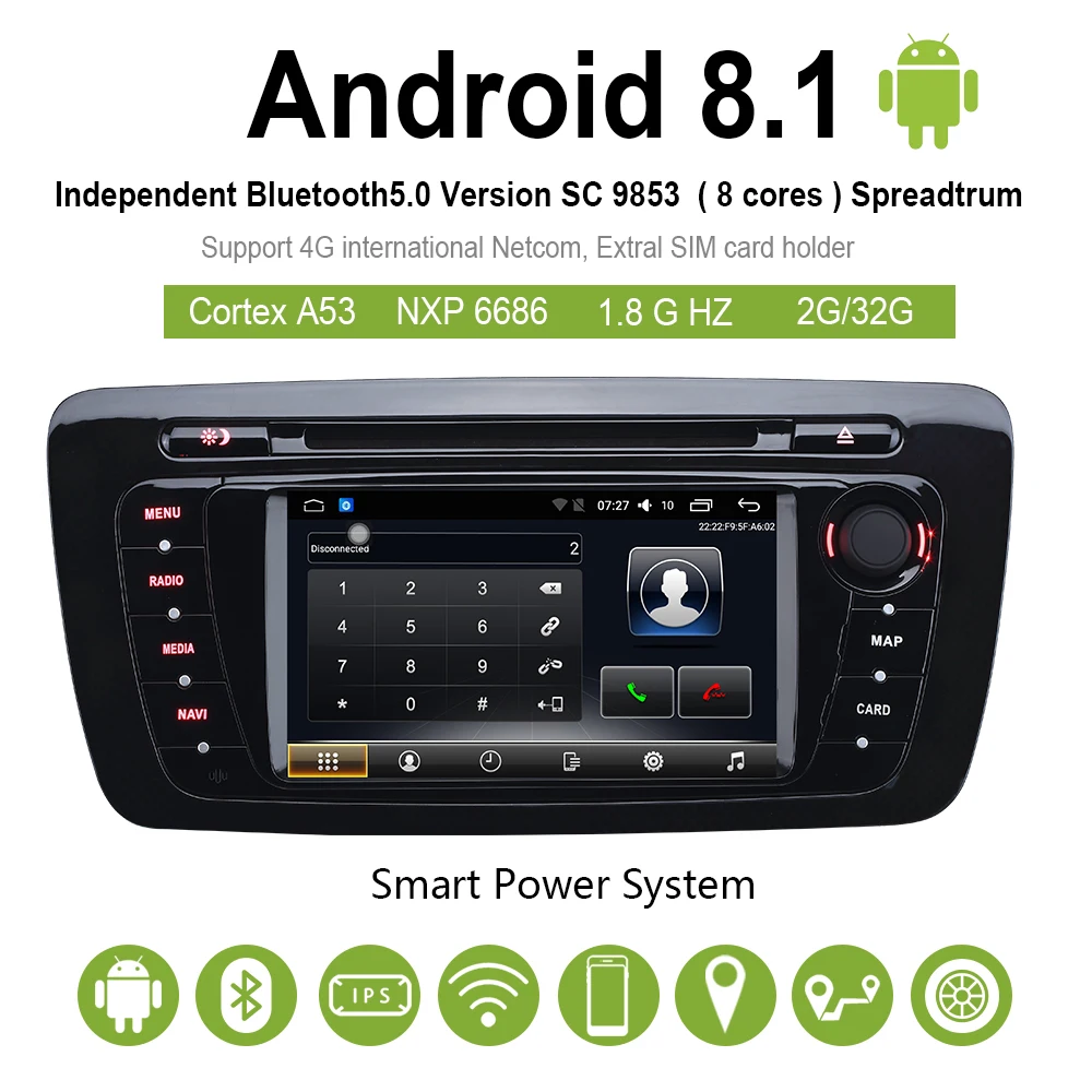Top Double 2 Din Android 8.1 Car DVD Player Stereo Radio WIFI Bluetooth 6.2"HD TouchScreen GPS Navigation Multimedia for Seat Ebilza 1