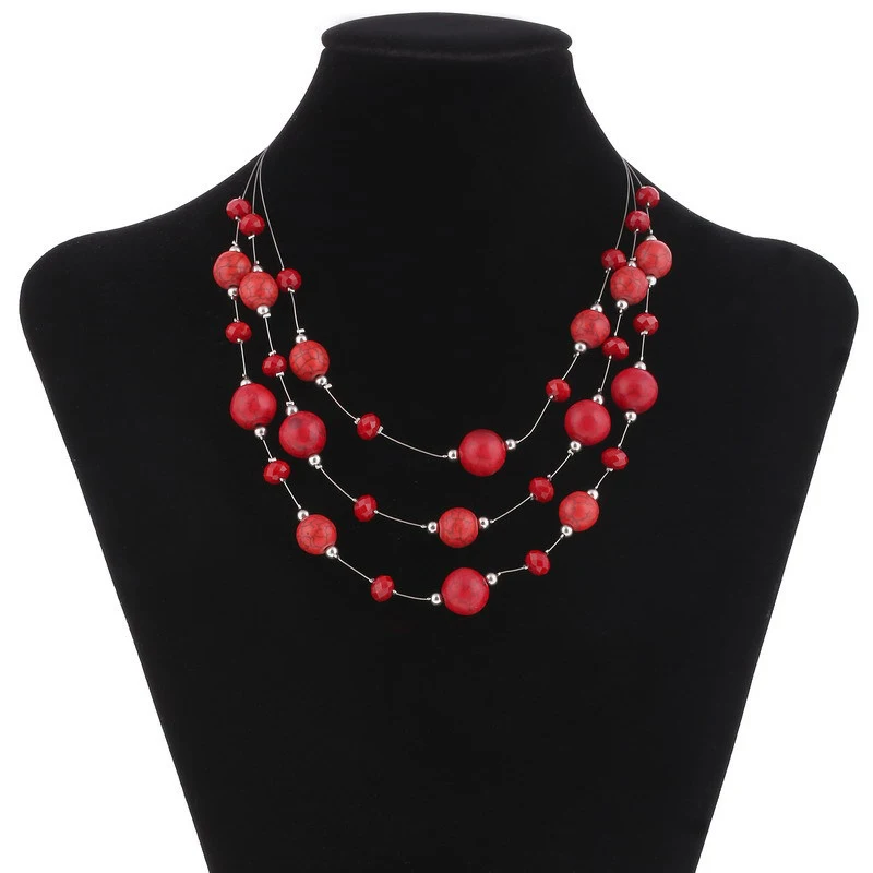 

New 3 Rows 2017 Faceted Red Crystal Necklace Beads Jewelry Collares Necklace for Women Dress Accessories
