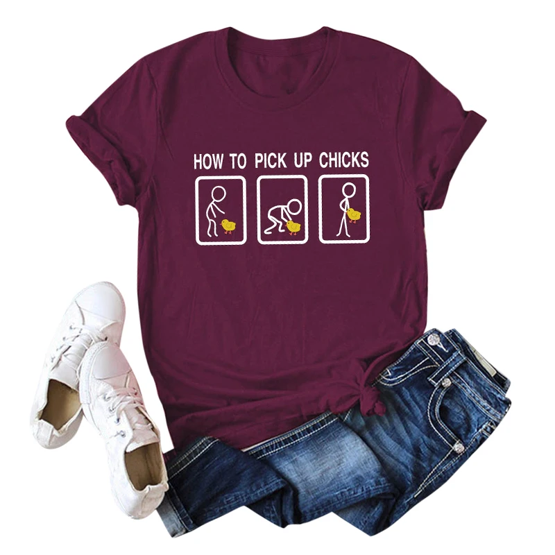 Romacci/Повседневная хлопковая Футболка для женщин, футболка с надписью «HOW TO PICK UP CHICKS» и мультипликационным принтом, Забавные топы с коротким рукавом и круглым вырезом