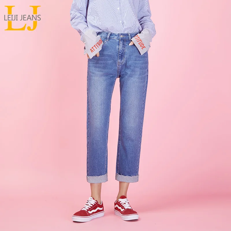 LEIJIJEANS Новое поступление весна Повседневное Стиль плюс Размеры L-6XL середины талии светло-голубой с белым джинсы длиной до щиколотки для